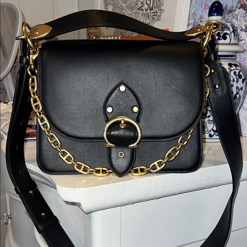 Coach Beat Black Leather Crossbody Bag with Gold Chain